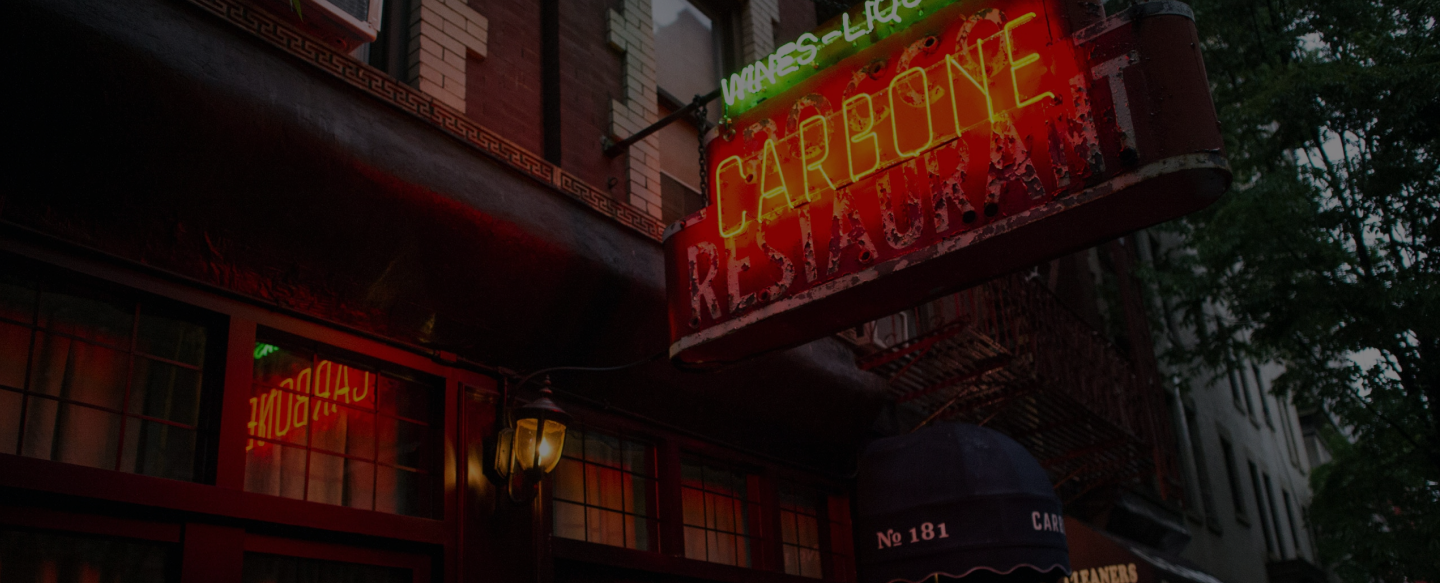 The famous Rocco sign outside of Carbone New York. A legendary NYC institution that inspired Carbone Fine Food's restaurant quality sauce.