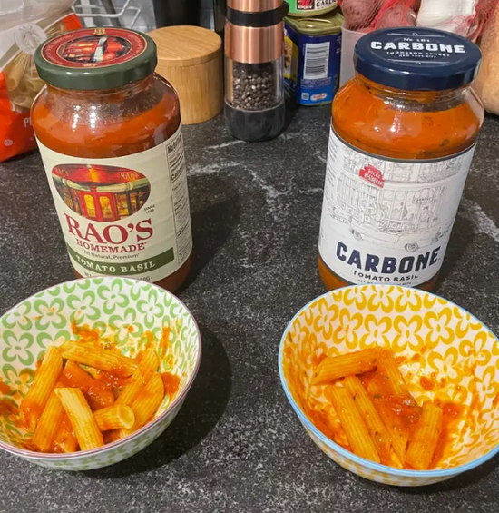 Carbone Find Food restaurant quality Tomato Basil sauce is compared to Rao's Homemade. 