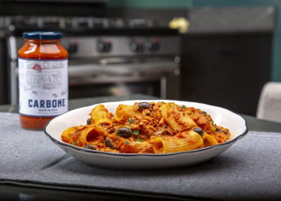 Enjoy a rich plate of Tuna Paccheri- one of Chef Mario Carbone's exclusive recipes- using Carbone Fine Food's marinara sauce. 